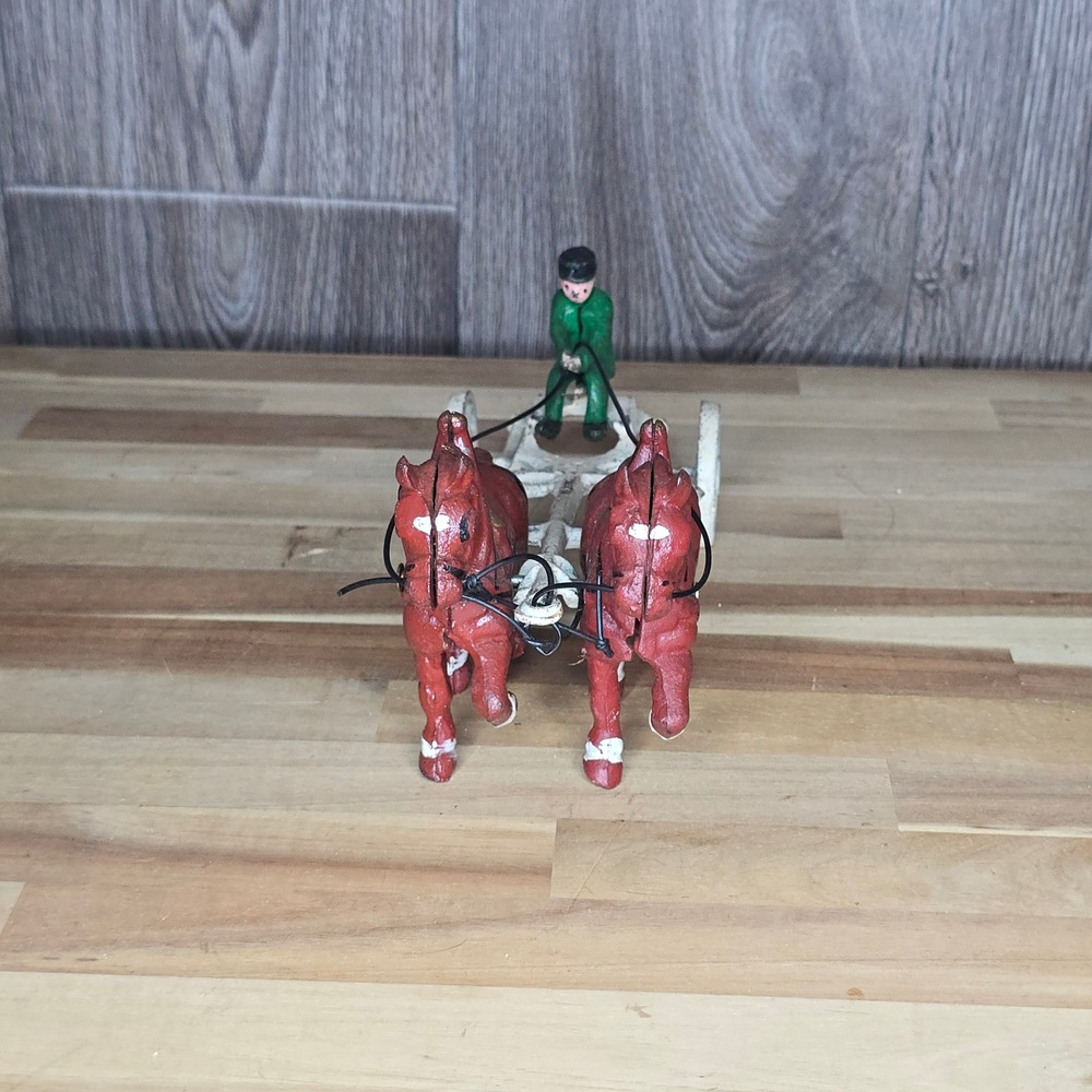 Vintage Cast Iron Two Horse Drawn Carriage Cart Buggy Driver Figure Toy Decor
